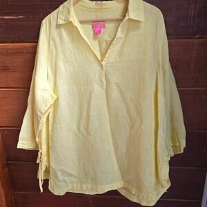 Isaac Mizrahi Womens Yellow Linen Tunic 1X 3/4 Sleeve Lightweight Beach Vacation